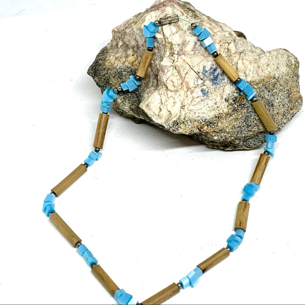 Boho Necklace Native American Look Bamboo Wood Beads Blue Plastic Chips